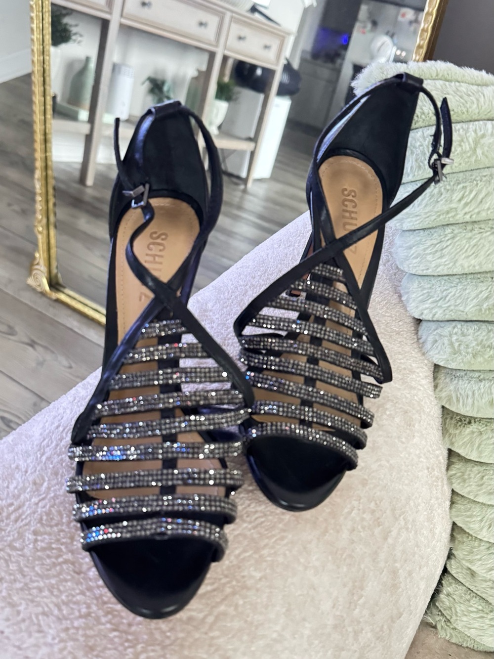 SCHUTZ Black Strappy Crystal-Heel Sandals